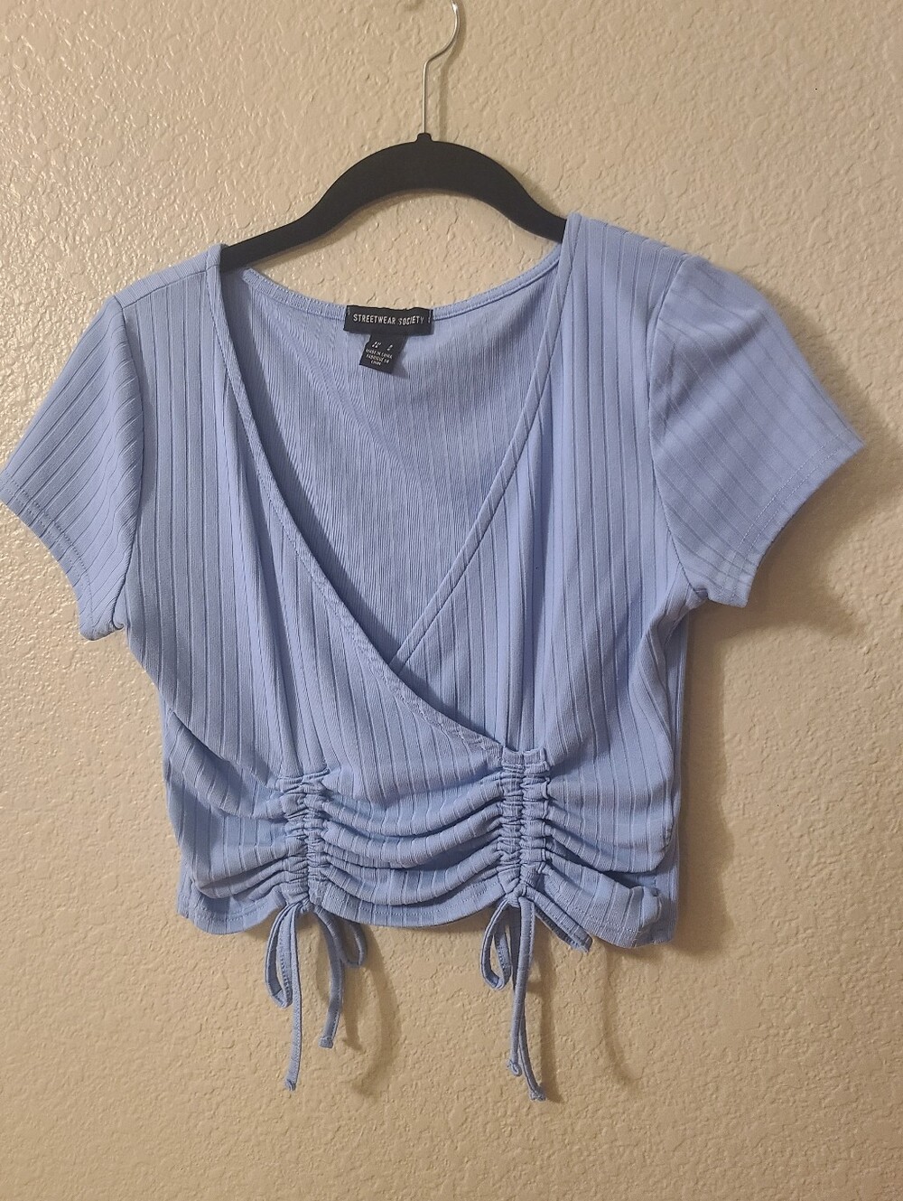Streetwear Society Blue Ribbed Drawstring Wrap Crop Top Size Small